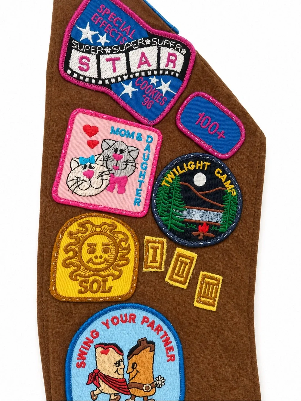 Vintage 90s Girl Scouts Brown Vest and Sash with Merit Badges -